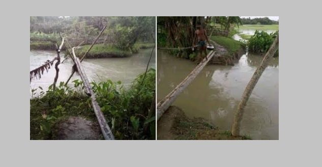 ঝালকাঠির কাঠাঁলিয়ায় দুইকিলো রাস্তায় একডজন ঝুঁকিপূর্ণ বাশেঁর সাকো, দেখার নেই কেউ !