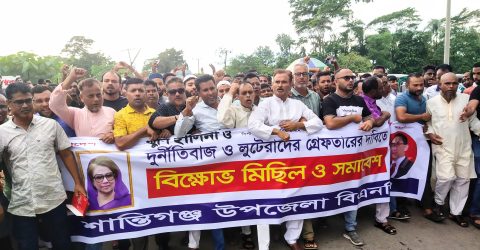 শেখ হাসিনা ও লুটপাটকারী নেতাকর্মীদের গ্রেফতারের দাবিতে শান্তিগঞ্জে বিক্ষোভ মিছিল ও সমাবেশ