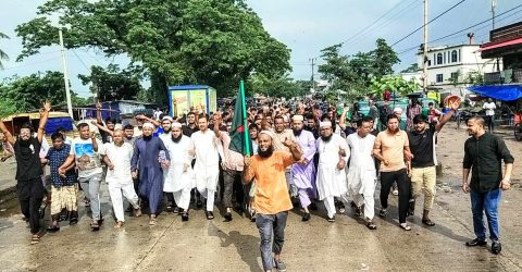 শেখ হাসিনার পদত্যাগ ও দেশ ছাড়ার ঘটনায় আনন্দ মিছিলে উত্তাল শান্তিগঞ্জ